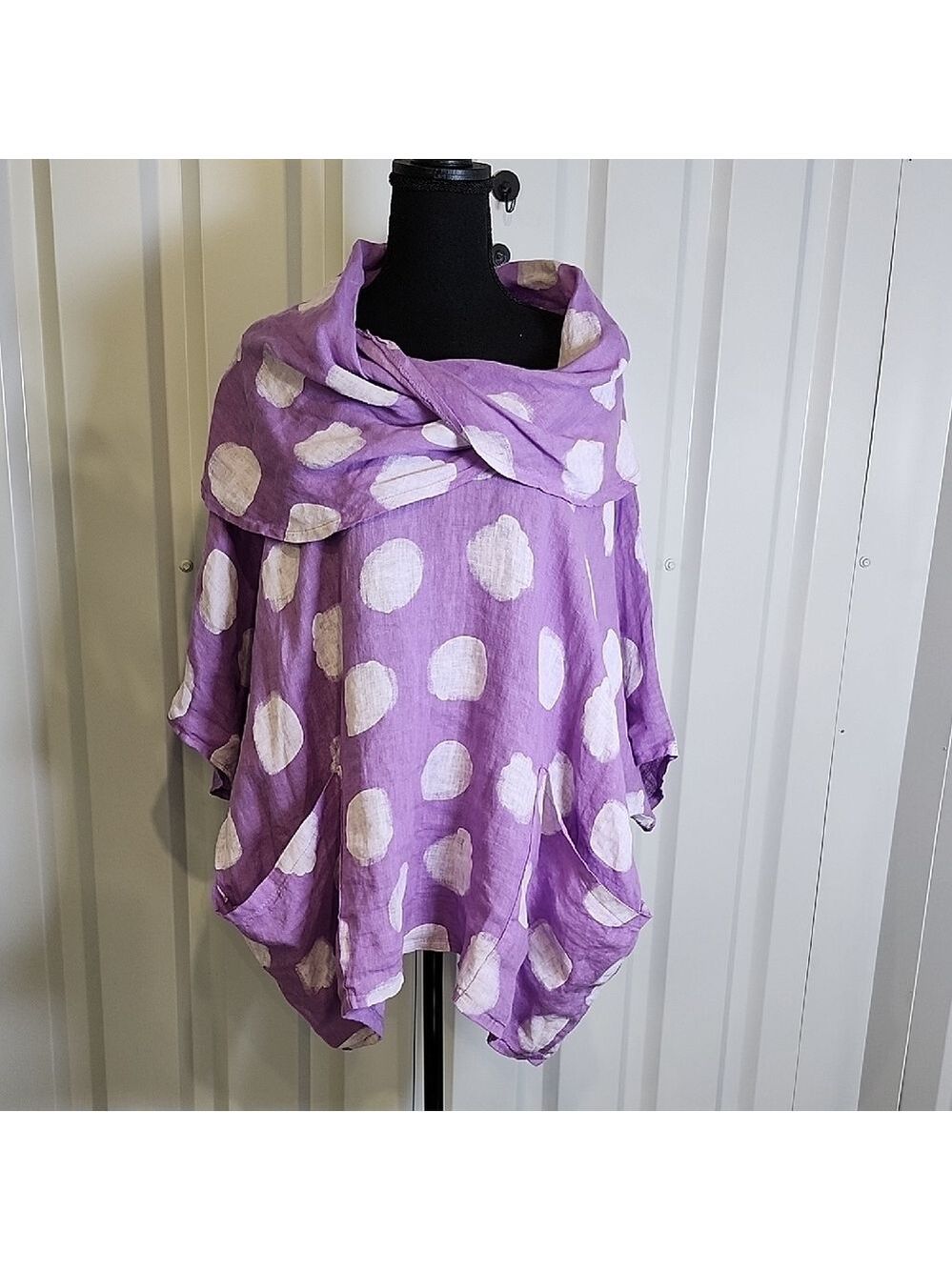 Bella Amore Womens Linen Lavender White Polka Dot Cowl Neck Top Size S/M